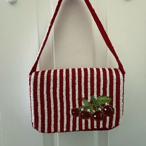 Cherry Embroidered Red and White Striped beaded bag